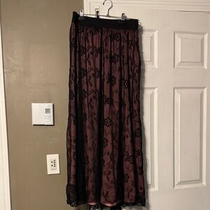 LuLaRoe Maxi Skirt in Burgundy with Black Floral Overlay
